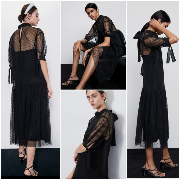 Zara swiss dotted mesh dress with ties - Picture 2 of 7